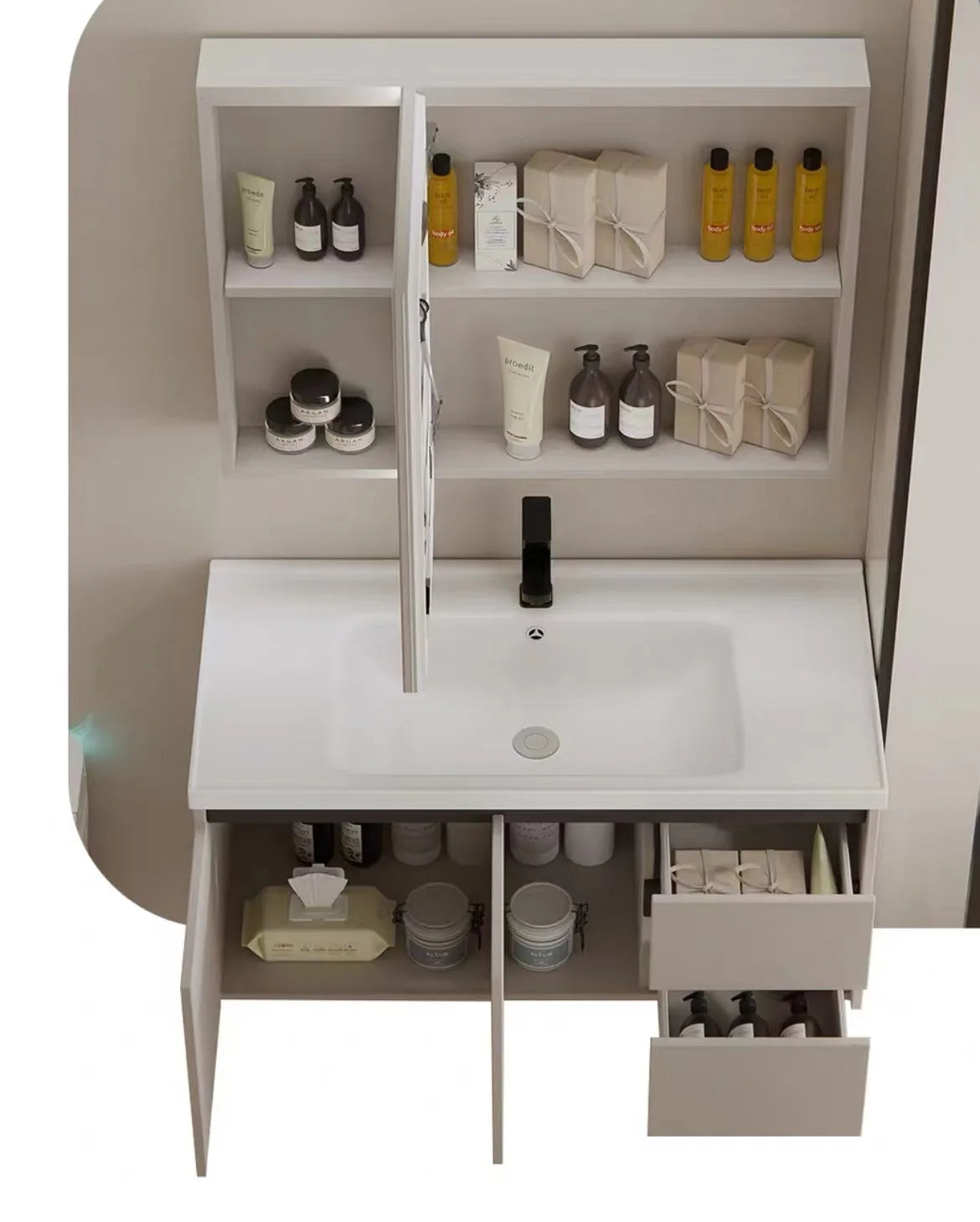 Marketing Design Bathroom Drawer Cabinet PVC Wall Mounted Bathroom Vanity with Hotel Ceramic Washbasin Sink Set