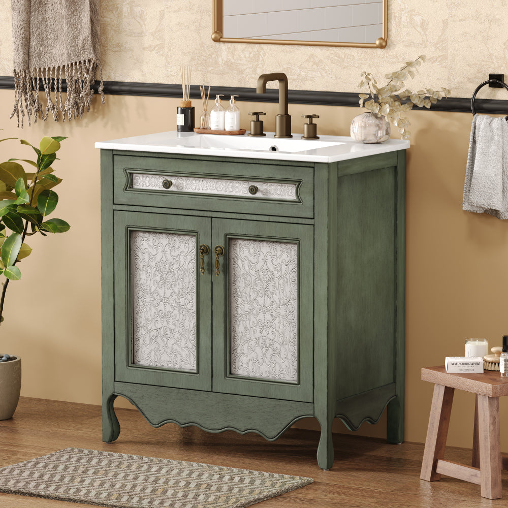 30" Antique Pattern Bathroom Vanity with Rectangle Ceramic Sink, Bathroom Vanity Cabinet with Tip-Out Tray / Flip-Out Drawer, Equipped with Antique Handles and Rubber Wood legs, Antique Green + Blue