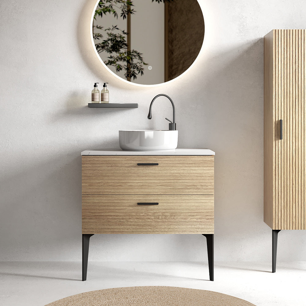 Emilia 36" Striped Natural Oak Bathroom Vanity with Ceramic Sink, Freestanding Bathroom Vanity for Modern Bathroom, KD