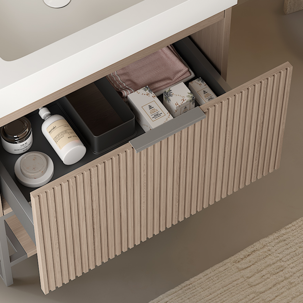 YOLAN 24" Bathroom Vanity with Sink, Freestanding Plywood Striped Storage Cabinet with Drawer and Open Shelf, White Rectangular Integrated Basin without Faucet, Pre-assembled, Light Brown Oak Color