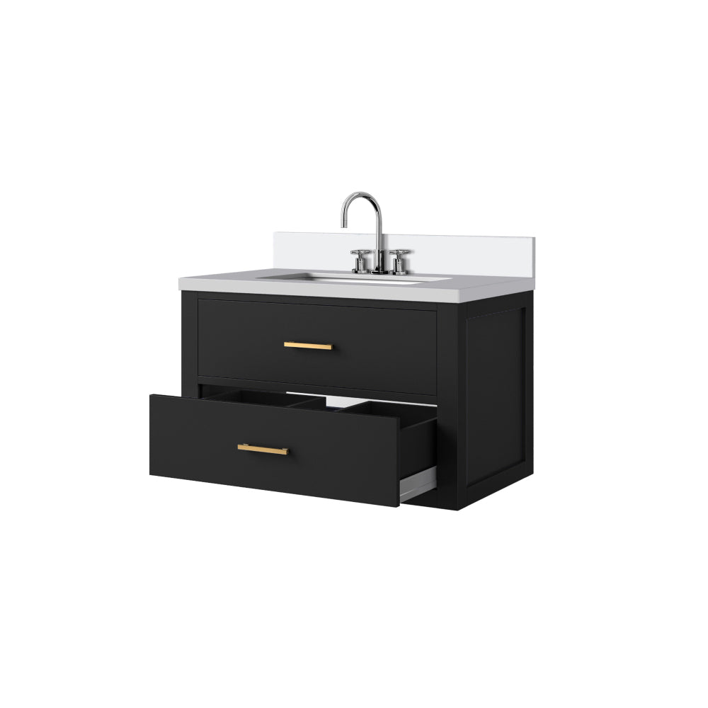 Black Single Bath Vanity 30 in. W x 22 in. D, White Quartz Top, and Faucet Set