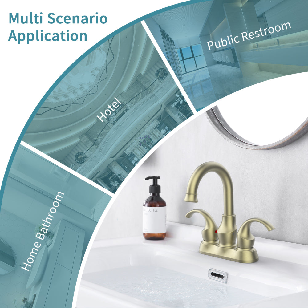 Bathroom Faucet 2-Handle Brushed Gold with 360 Degree Rotating Spout, Crescent Moon Style 4-inch Centerset Vanity Sink with Pop-Up Drain and Supply Hoses, FR4090-BG