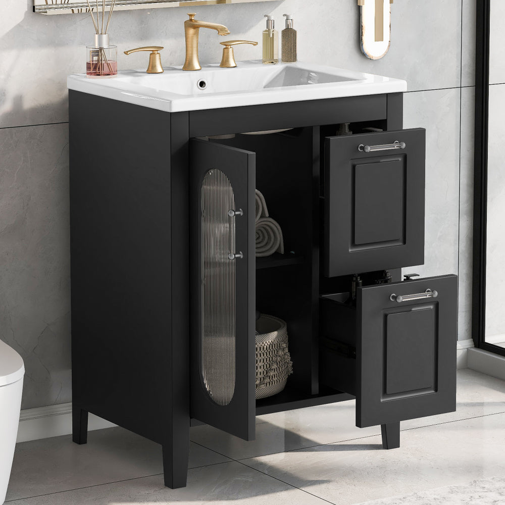24" Bathroom Vanity with Sink, Bathroom Vanity Cabinet with Two Drawers and Door, Adjustable Shelf, Solid Wood and MDF, Black