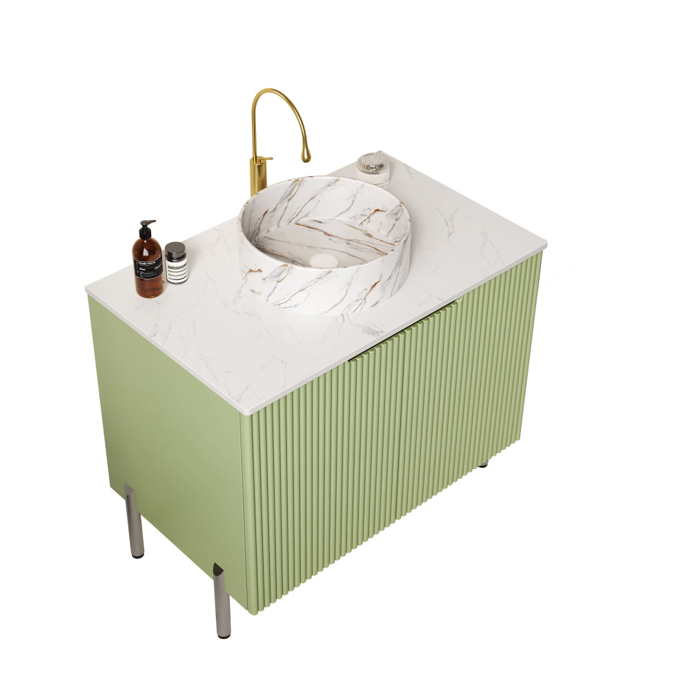 TURIO 30" Bathroom Vanity with Sink, Freestanding Bathroom Storage Cabinet with 2 Doors, White Round Ceramic Basin with Stone Pattern and Carrara White Counter Top, No Faucet, Light Green Color