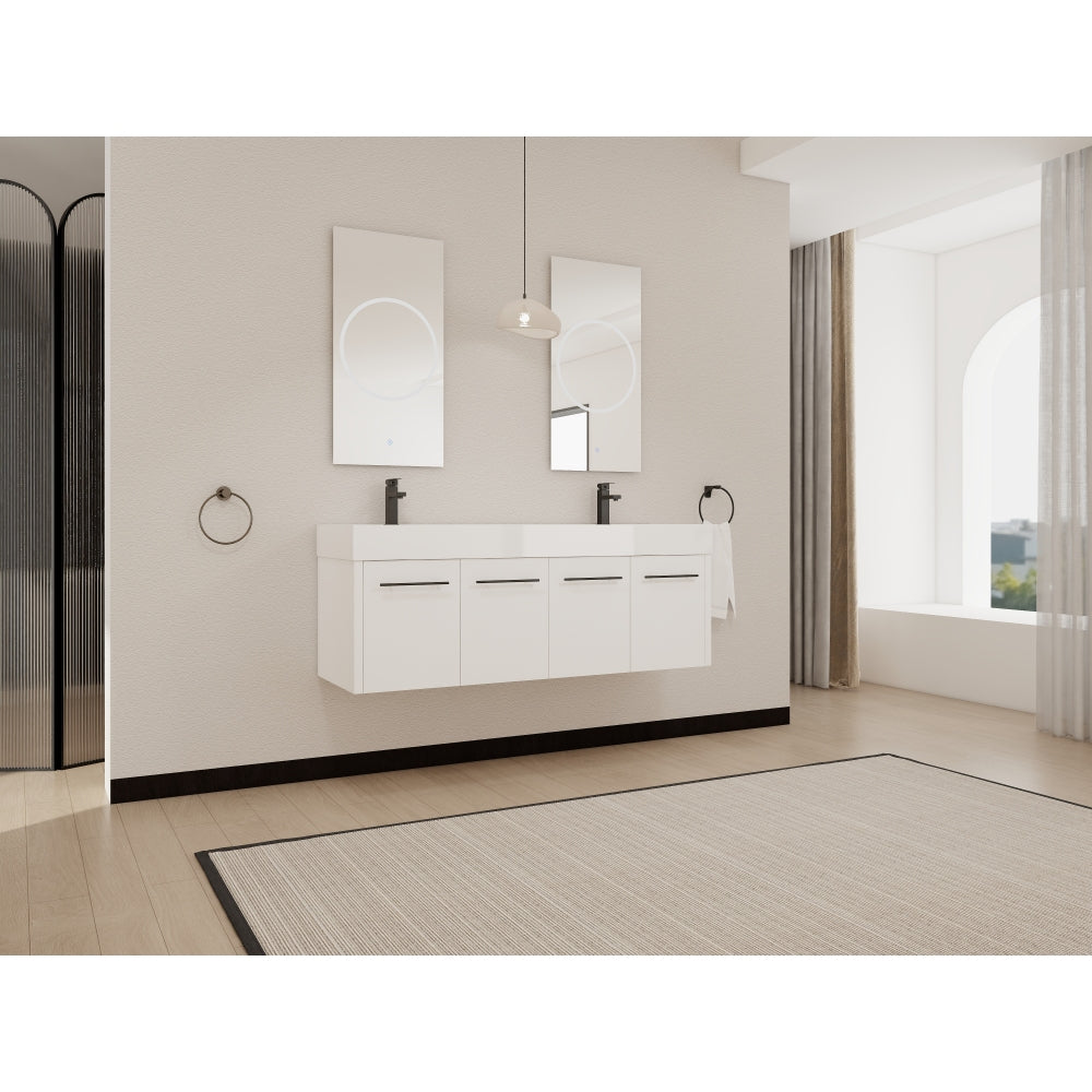 60 Inch Wall-Mounted Bathroom Vanity with Sink, Thick Edged Double Resin Sink, KD-Package