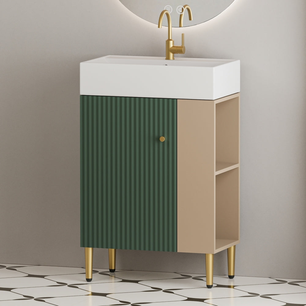 21.6" Open-shelving Bathroom Vanity with Ceramic Sink and Soft-Closing Door, Cloakroom Open Shelf Storage Cabinet on the Right Side, Assembly Required, Green 24VB06-21LVR