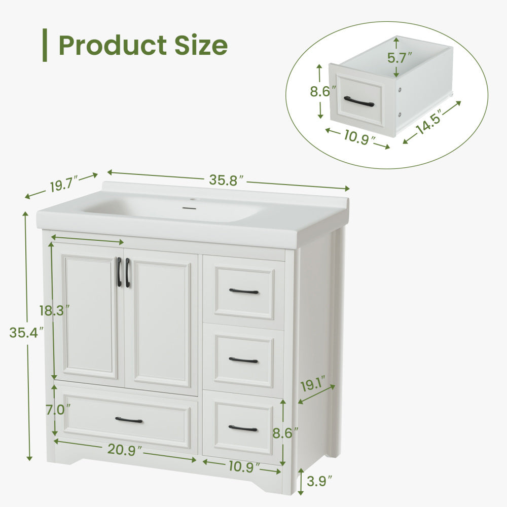 Cabinet Without Basin, 36-Inch Bathroom Cabinet, Bathroom Sink Cabinet with 2 Closing Doors and 4 Drawers. white color, 35.8''W x 19.7''D x 35.4''H.---Cabinet only