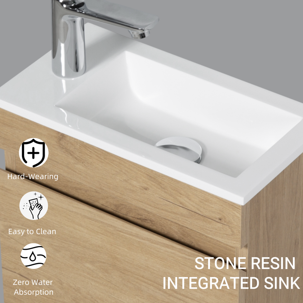 16" Floating Bathroom Vanity with Sink, Wall-Mounted Small Bathroom Storage Vanity Cabinet with Resin Top Basin and Soft Close Doors, Natural Oak 24V11-16NO