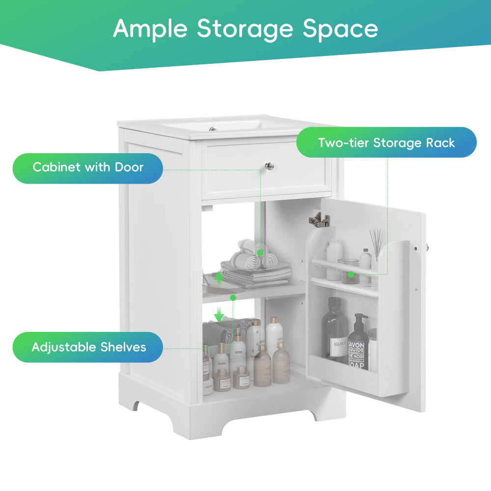 20" Bathroom Vanity with Sink, Bathroom Cabinet with Soft Closing Door, Storage Rack and Adjustable Shelve, White (Old Sku:
WF531249AAK)
