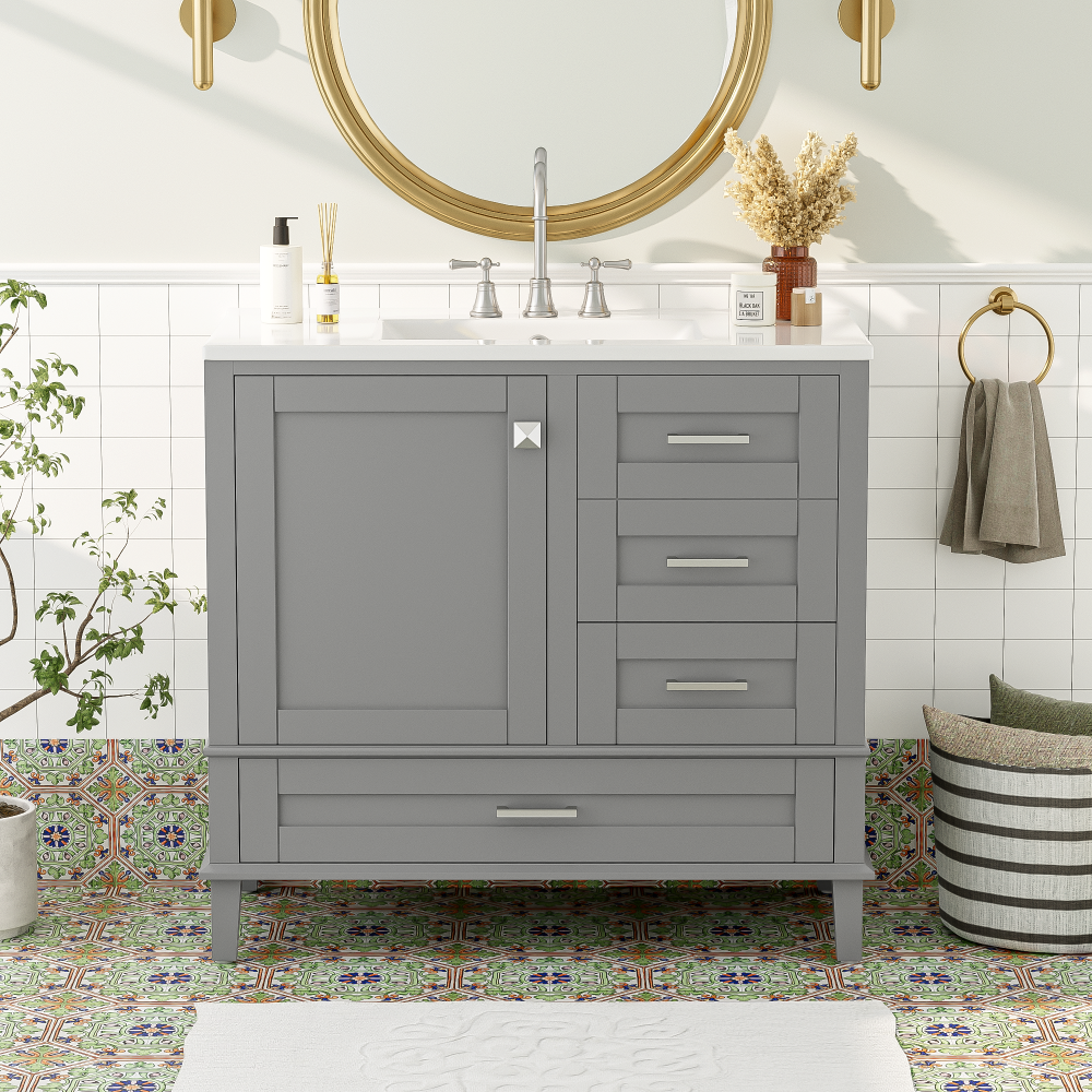 36" Grey Bathroom Vanity with Solid Pine Frame, 1 Soft Close Door and 3 Drawers , Modern Storage Cabinet (The Same Series as WF321698)