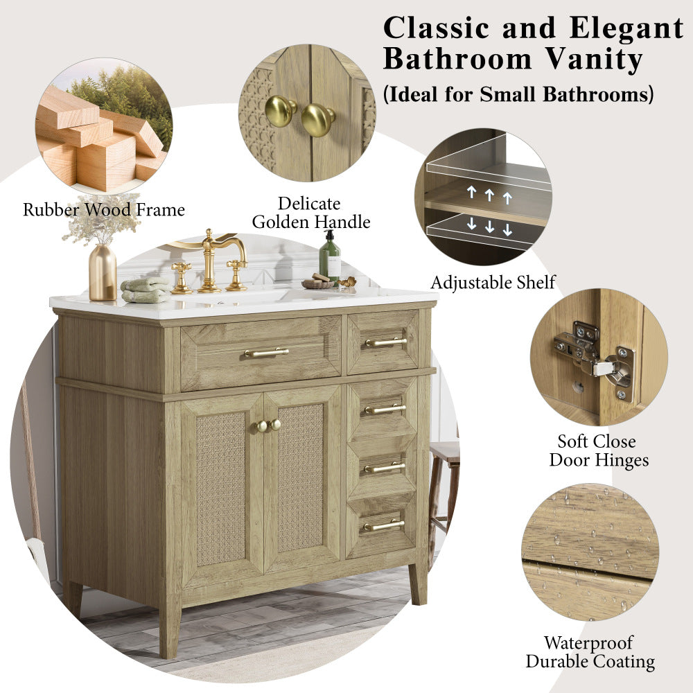 36" Bathroom Vanity with Ceramic Sink, Rubberwood Frame, 2 Soft Close Doors, 1 Flip-Down Drawer, 1 Shallow Drawer, 1 Deep Drawer, Adjustable Shelf, Space-Saving Design for Small Bathrooms