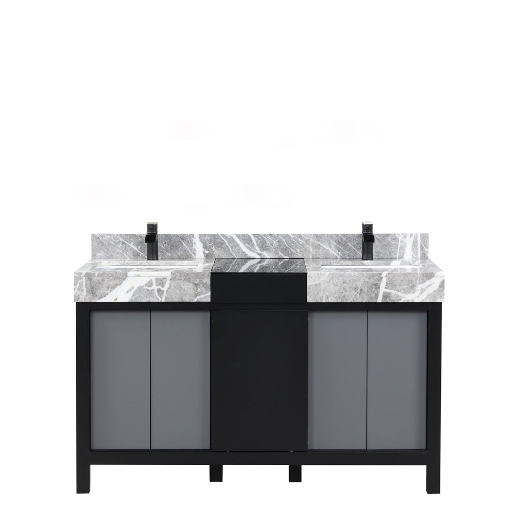 Black and Grey Double Bath Vanity 55 in. W x 22 in. D, Castle Grey Marble Top and Matte Black Faucet Set
