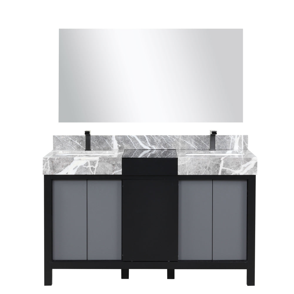 Black and Grey Double Bath Vanity 55 in. W x 22 in. D, Castle Grey Marble Top, Gun Metal Faucet Set and 53 in. Mirror