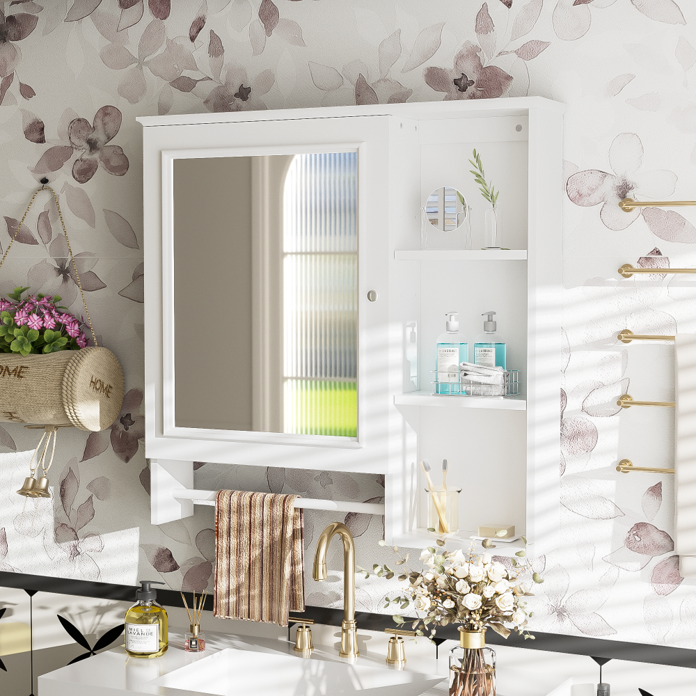 Wall Mounted Bathroom Storage Cabinet, Medicine Cabinets with large mirror door, adjustable shelves and three open storage levels(Not Include Bathroom Vanity )