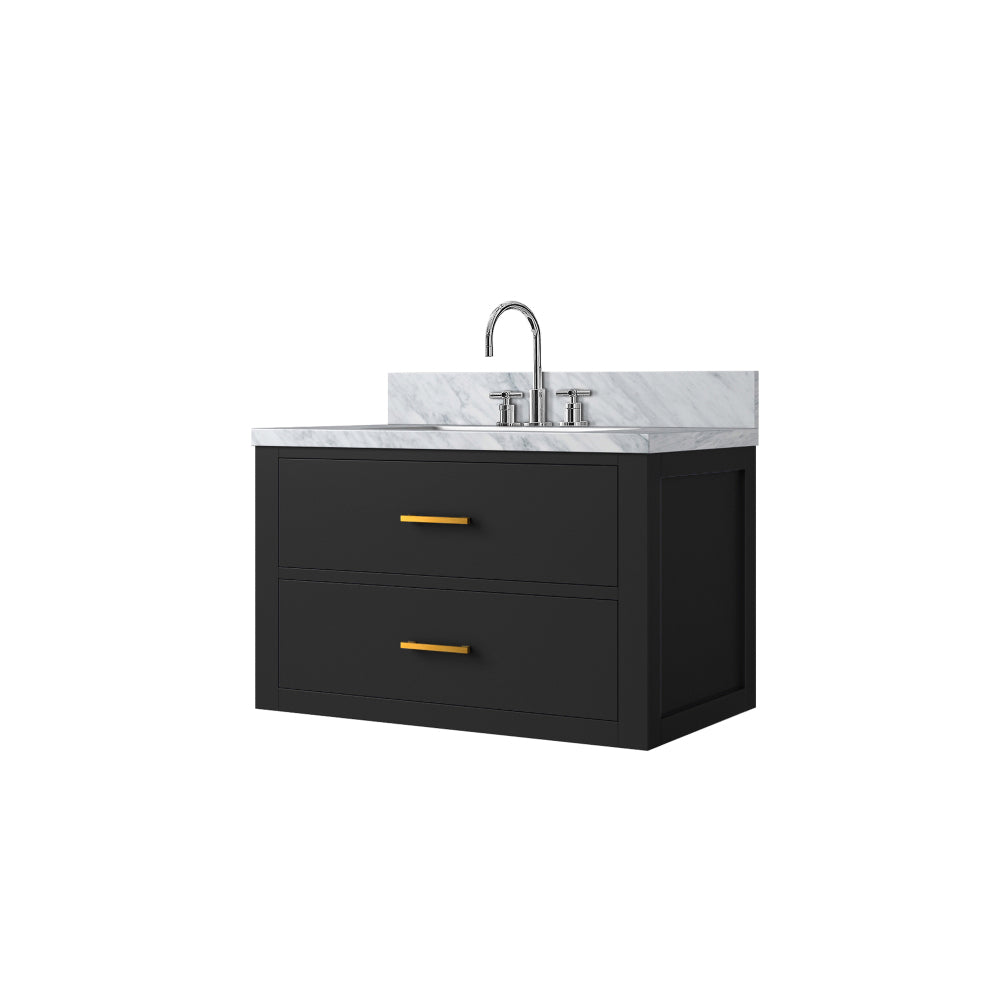 Black Single Bath Vanity 30 in. W x 22 in. D, Carrara Marble Top, and Faucet Set