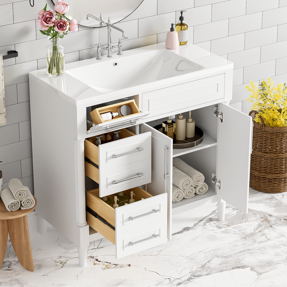 36'' Bathroom Vanity with Top Resin Sink, Freestanding Bathroom Storage Cabinet with 2 Drawers and a Tip-out Drawer, Solid Wood Frame Vanity Set, Height Adjustable Shelf