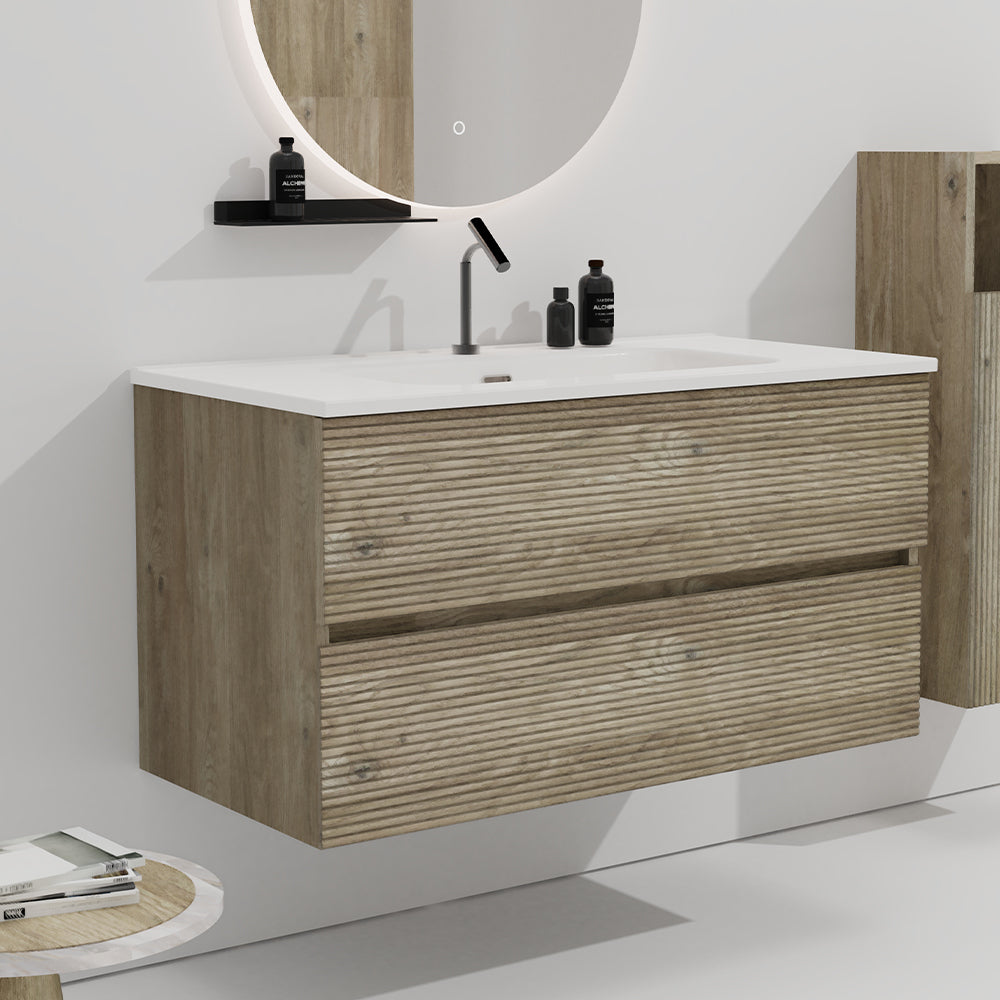 Gloria 24" Wall Mounted Rough Oak&Rough Oak Bathroom Vanity with Integrated Ceramic Sink with Overflow, Large Storage Floating Bathroom Vanity for Modern Bathroom, Pre-assembled