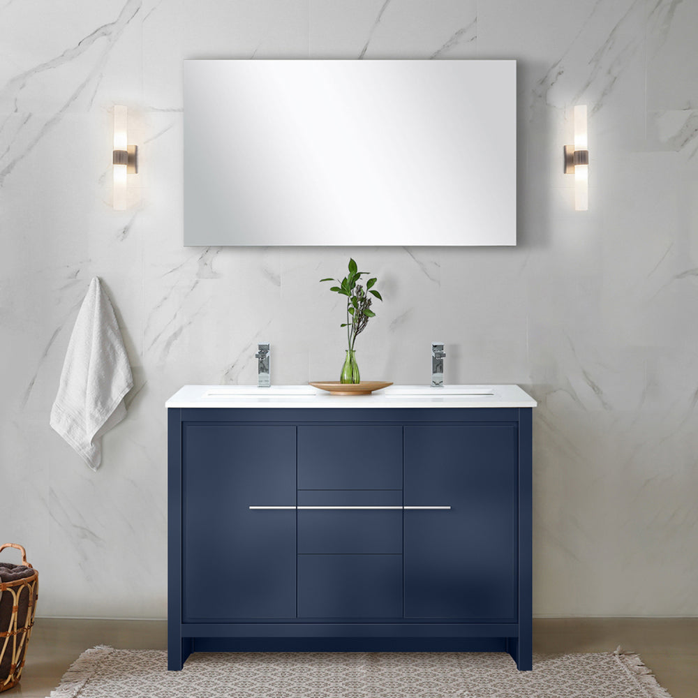 White Double Bath Vanity 48 in. W x 20 in. D, White Quartz Top, Chrome Faucet Set and 43 in. Mirror