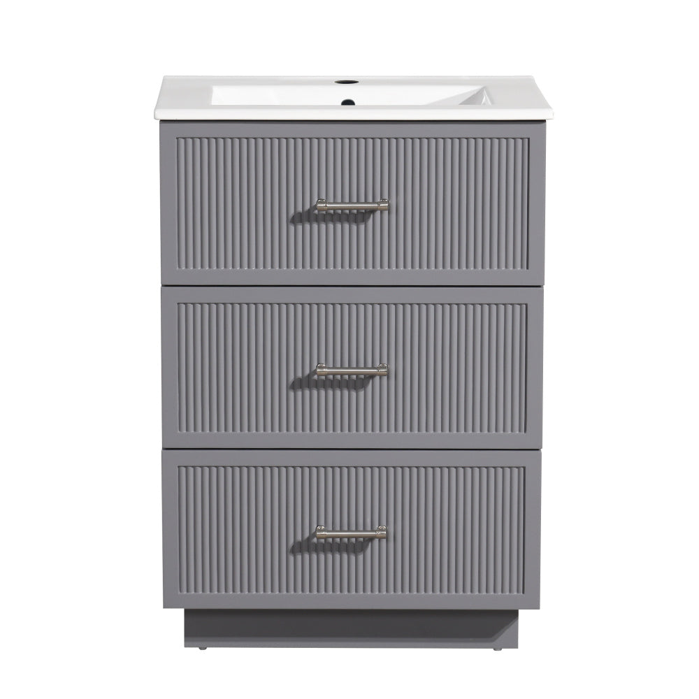 24 Inch Bathroom Vanity with Ceramic Sink Set, Modern Freestanding Bathroom Storage Cabinet with 2 Drawers, Floor Standing Bath Vanity Combo, Gray