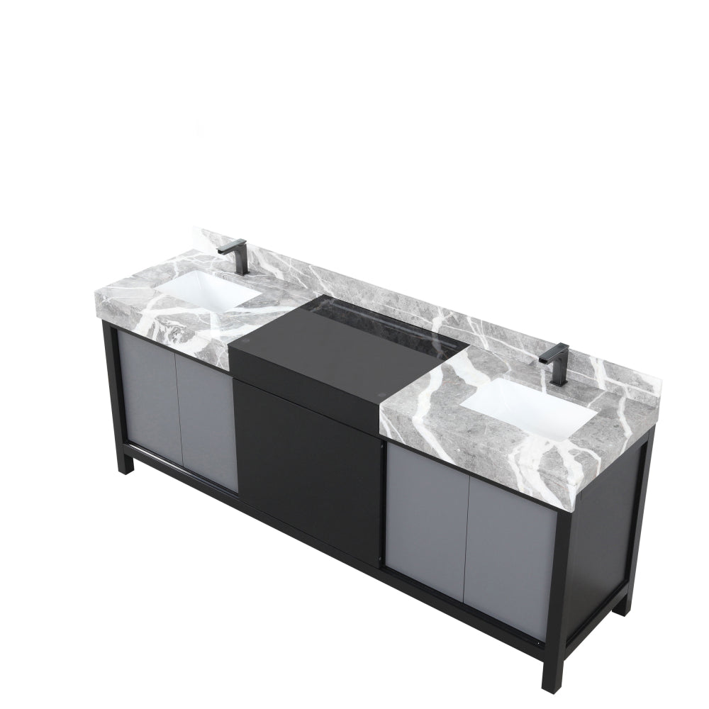 Black and Grey Double Bath Vanity 84 in. W x 22 in. D, Castle Grey Marble Top and Gun Metal Faucet Set