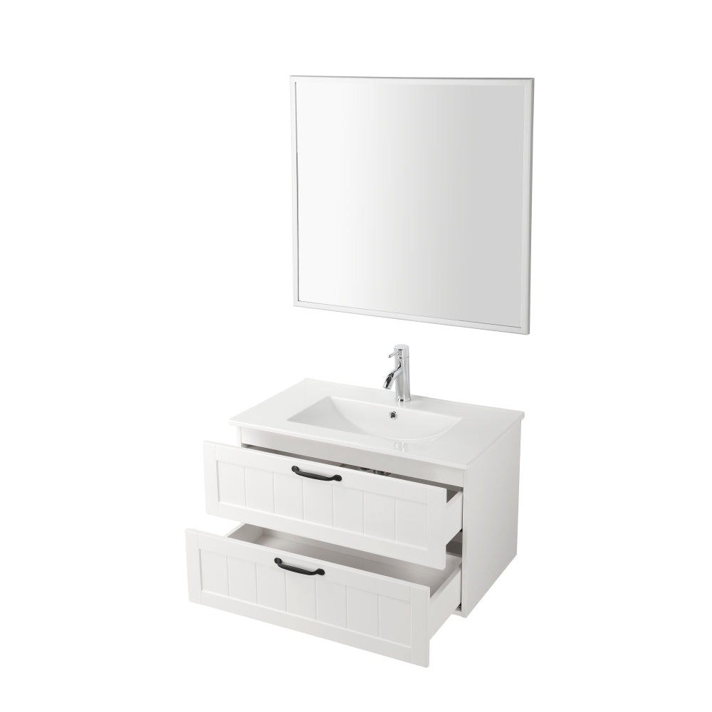 31.5inch Modern Style Bathroom Cabinet, Double Drawer With Decor Line,Wall-Mounted Bathroom Vanity with Basin & Mirror,Soft-Close System,for Bathroom,White