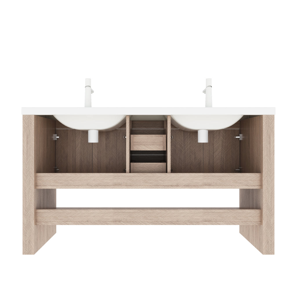 LUCCI 60" Bathroom Vanity with Sinks, Freestanding Plywood Storage Cabinet with 2 Drawers, 4 Doors and an Open Shelf, Acrylic Integrated Basin without Faucet, Pre-assembled, Light Oak Woodgrain Color