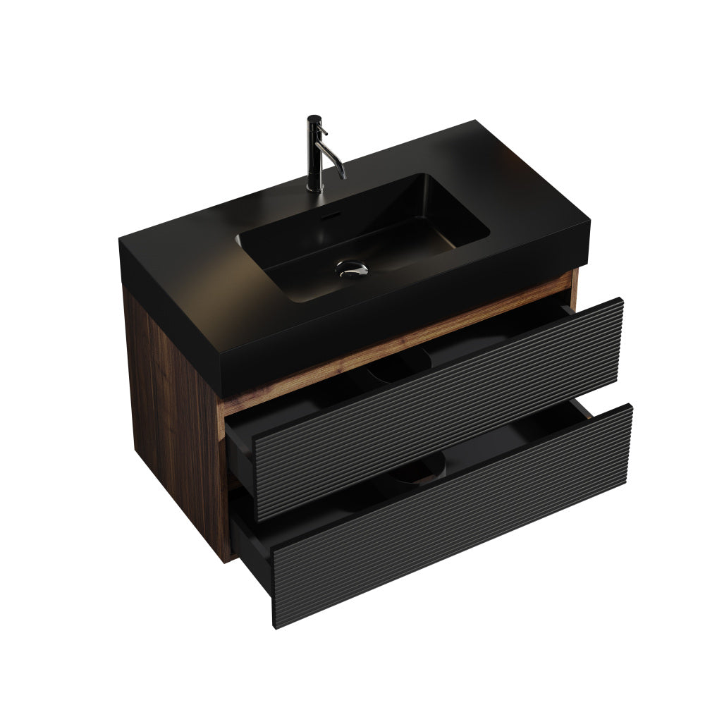 Grace 36" Walnut Bathroom Vanity with Matt Black Engineered Quartz Sink and Soft Black Drawers, Wall Mounted Floating Bathroom Vanity for Modern Bathroom, One-Piece Matt Black Basin, KD