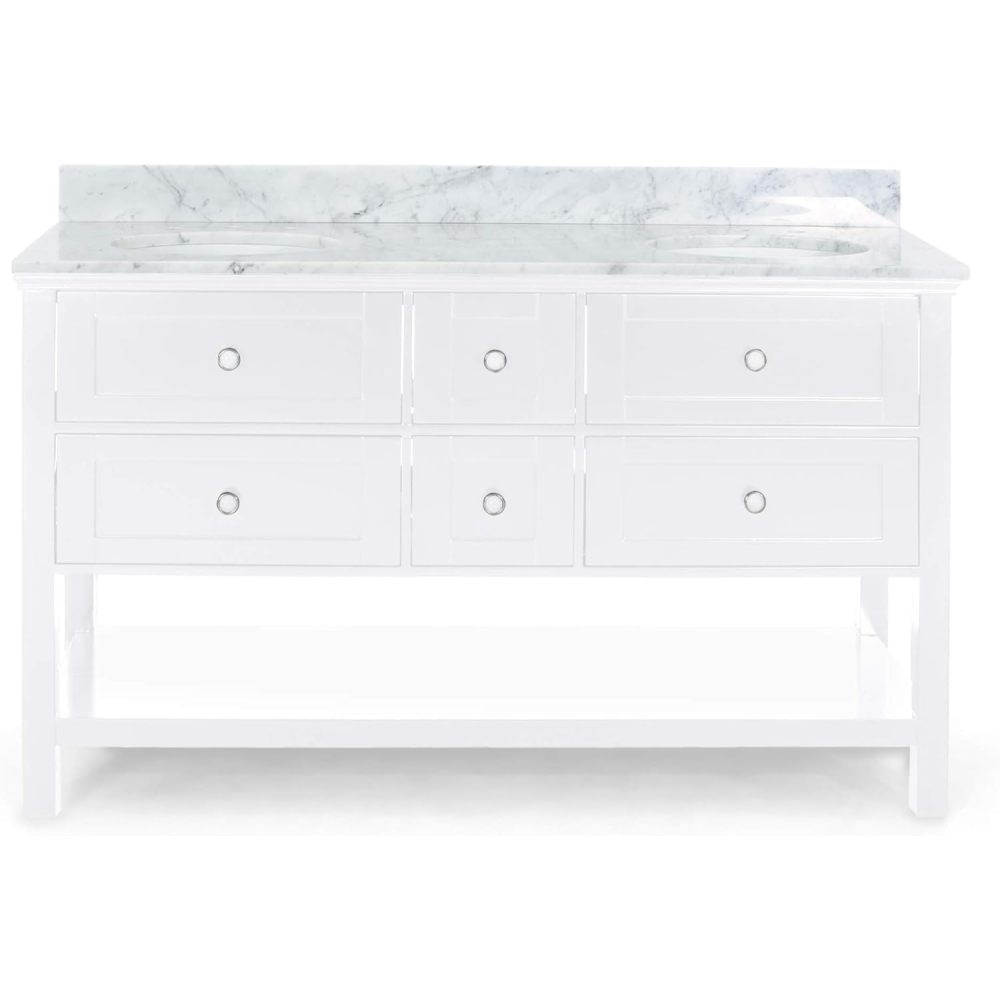 61'' Bathroom Vanity with Marble Top & Double Ceramic Sinks, 4 Drawers, Open Shelf, White