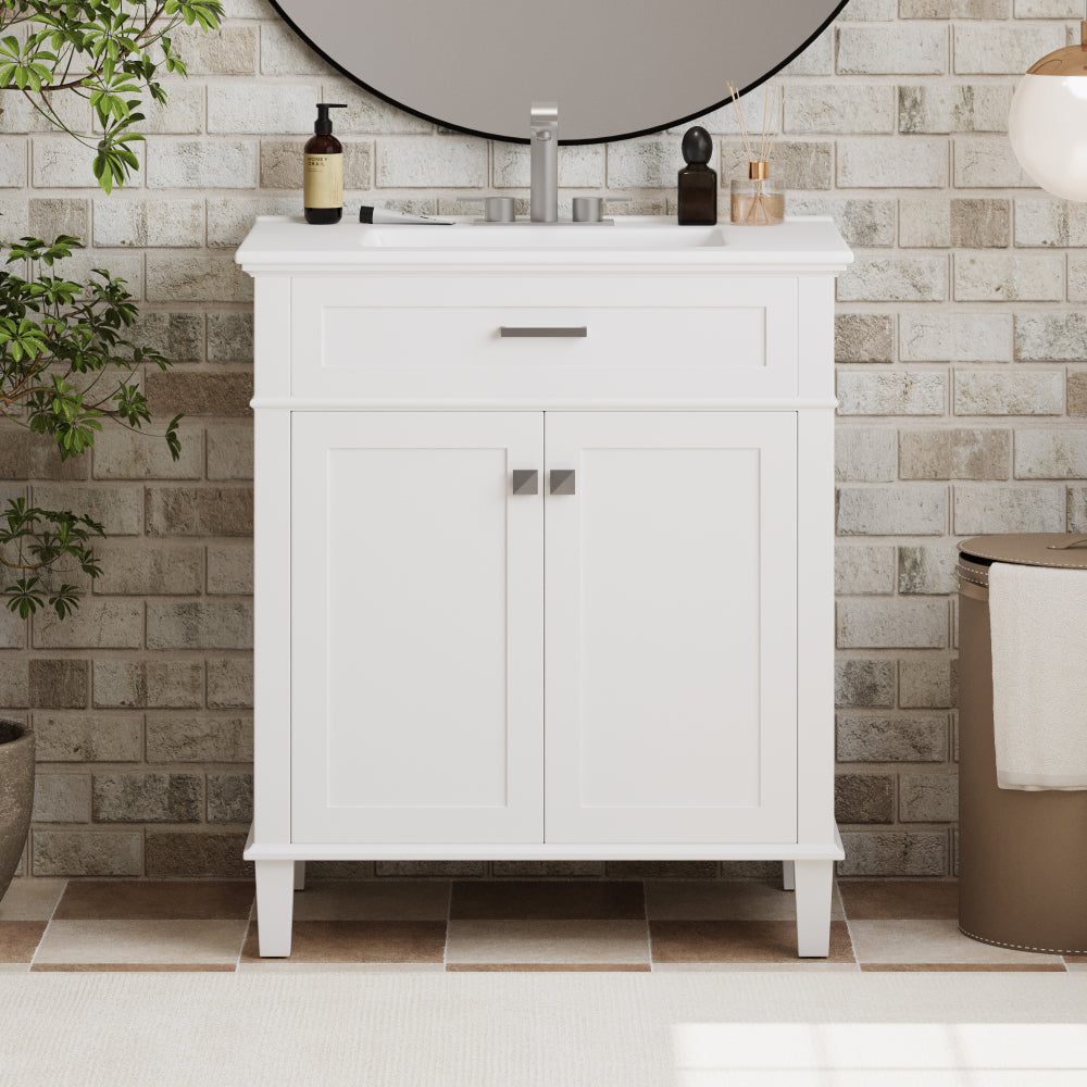 30-inch bathroom vanity with ceramic basin, soft close door and adjustable shelves