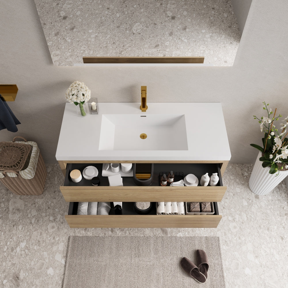 48" Wall-Mounted Bathroom Vanity with Sink, Floating Bathroom Storage Cabinet with Stone Resin Countertop and Soft Close Drawers, Natural Oak 24V15-48NO