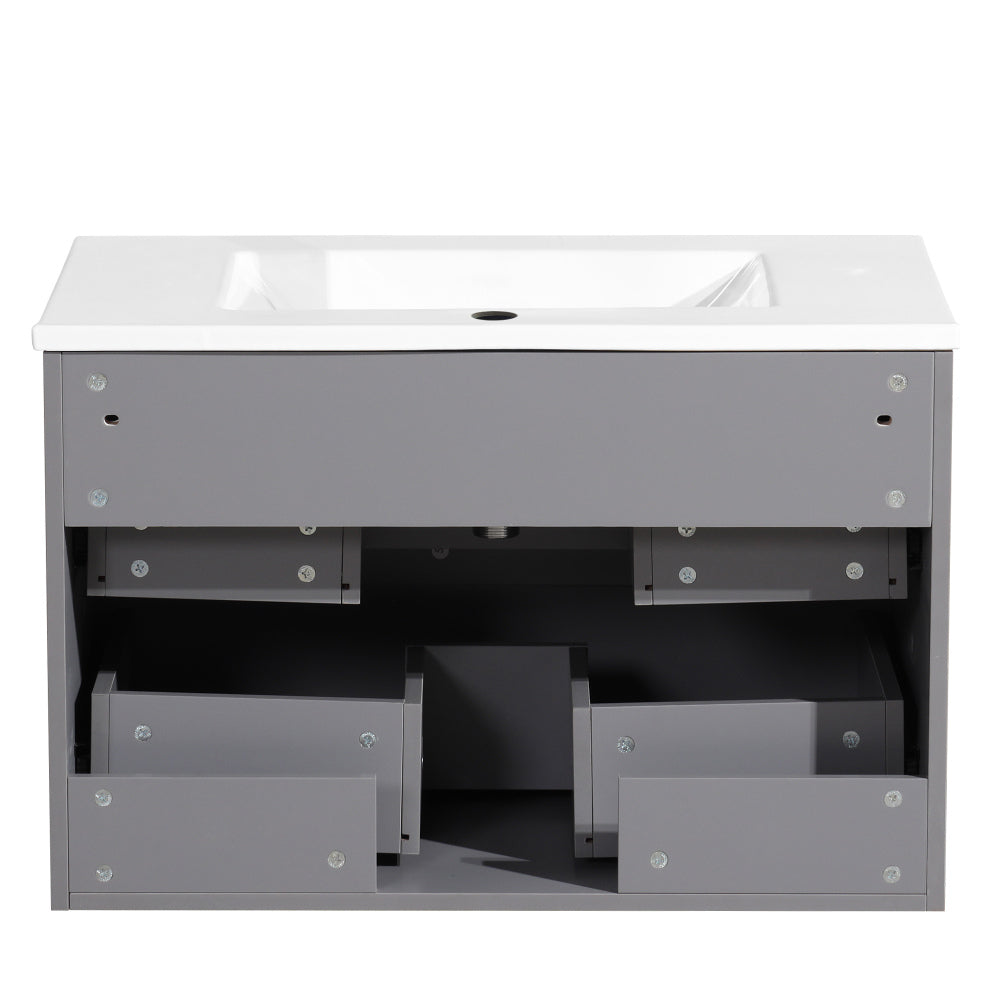 30 Inch Floating Bathroom Vanity with Ceramic Sink Combo Set, Modern Bath Storage Cabinet Vanity with Drawers Wall Mounted Vanity for Bathroom, Gray