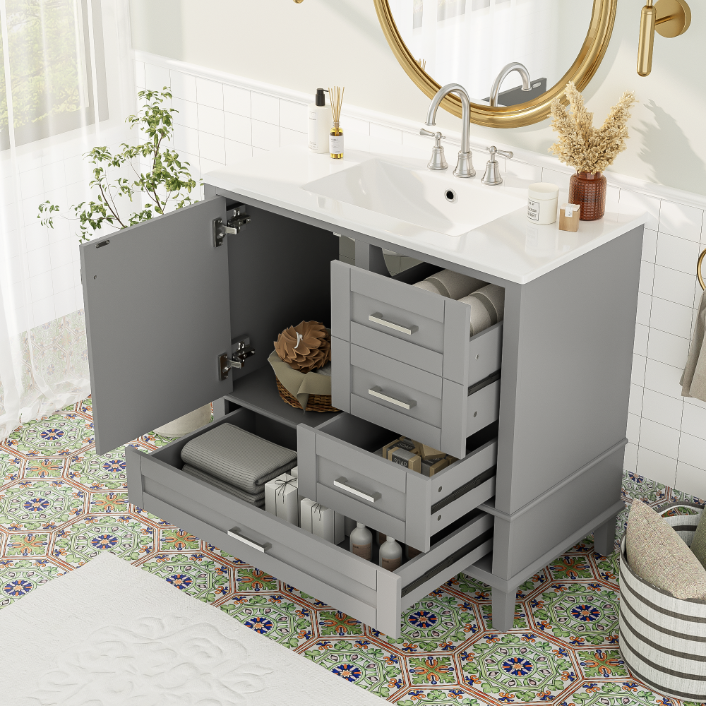 36" Grey Bathroom Vanity with Solid Pine Frame, 1 Soft Close Door and 3 Drawers , Modern Storage Cabinet (The Same Series as WF321698)