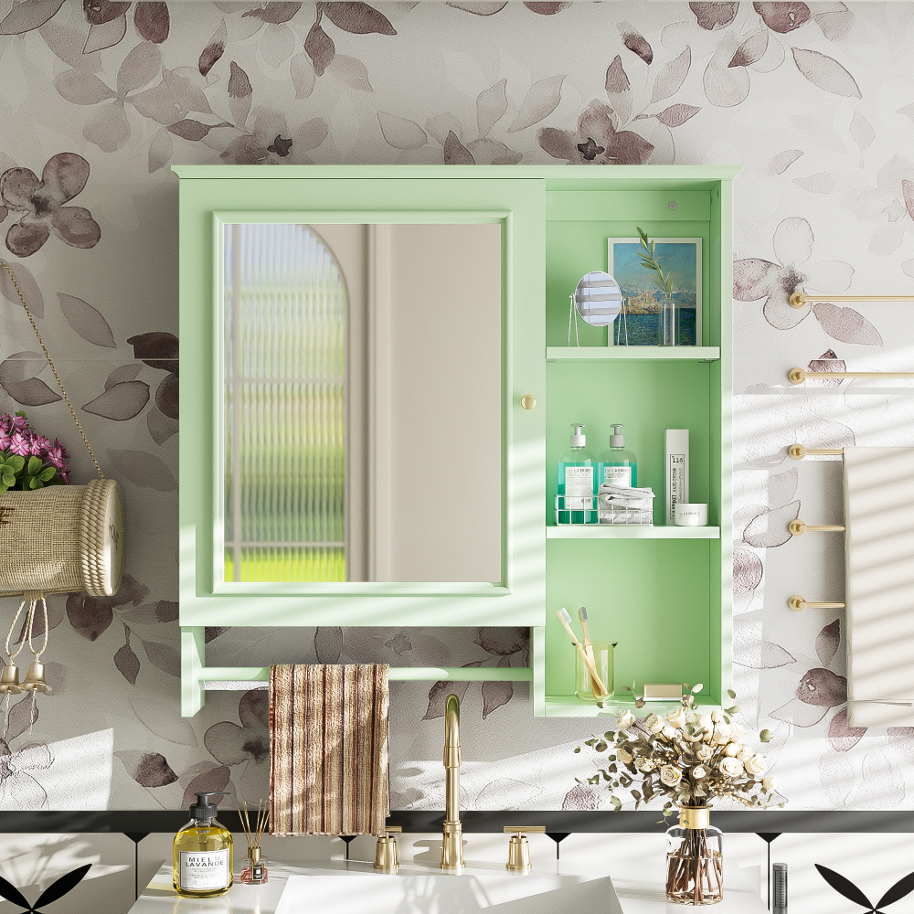 Wall Mounted Bathroom Storage Cabinet, Medicine Cabinets with large mirror door, adjustable shelves and three open storage levels(Not Include Bathroom Vanity )