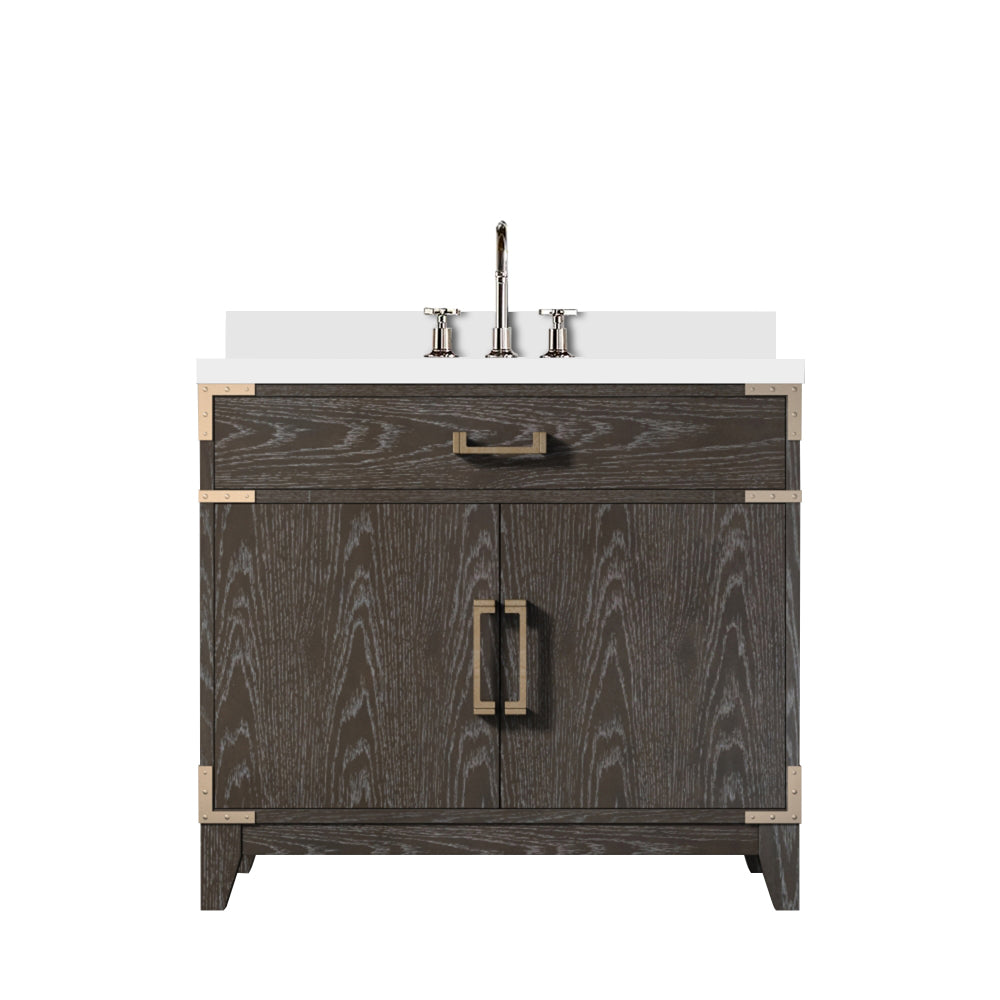 Brown Oak Single Bath Vanity 36 in. W x 22 in. D, White Quartz Top, and Faucet Set