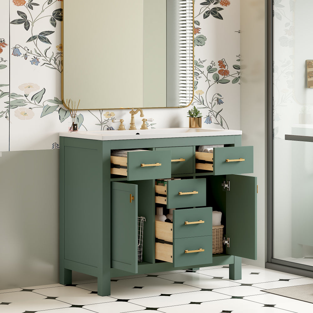 36'' Bathroon Vanity with Resin Sink Combo Set,Modern Freestanding Single Bathroom Cabinet with 4 Drawers & 2 Cabinets,Storage Cabinet for Bathroom, Solid Wood Frame Vanity Set (Same as SW000130AAC)