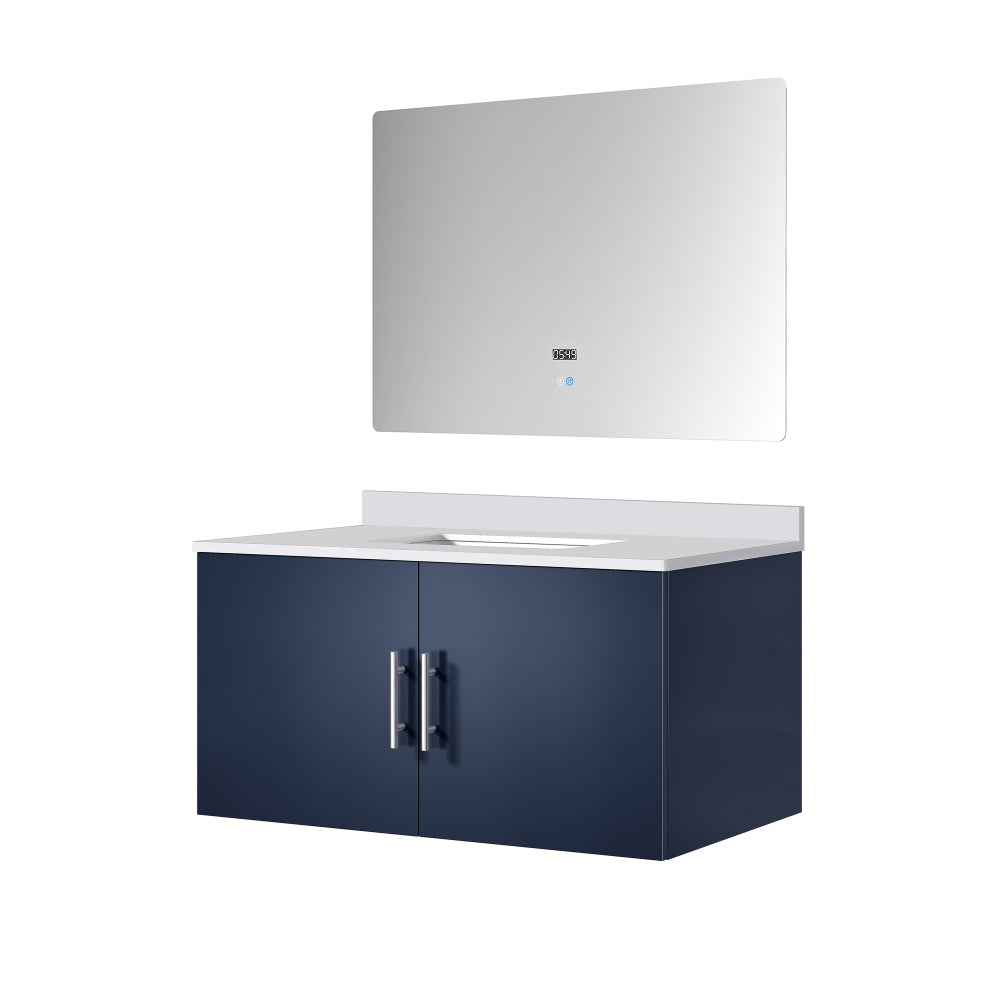 Navy Blue Bath Vanity 36 in. W x 22 in. D, White Quartz Top, and 36 in. LED Mirror