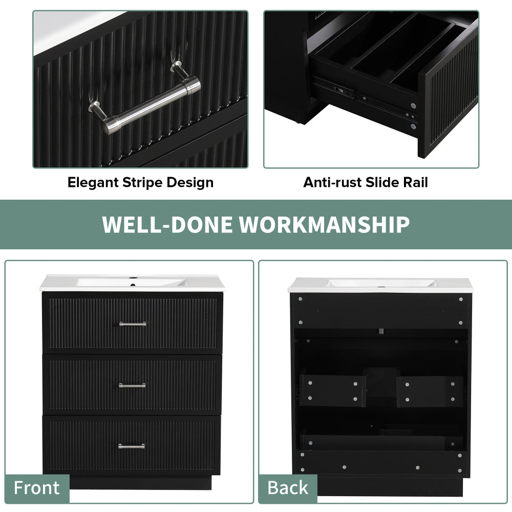 30 Inch Bathroom Vanity with Ceramic Sink Combo Set, Modern Freestanding Bathroom Storage Cabinet with 2 Drawers, Floor Standing Bath Vanity, Black