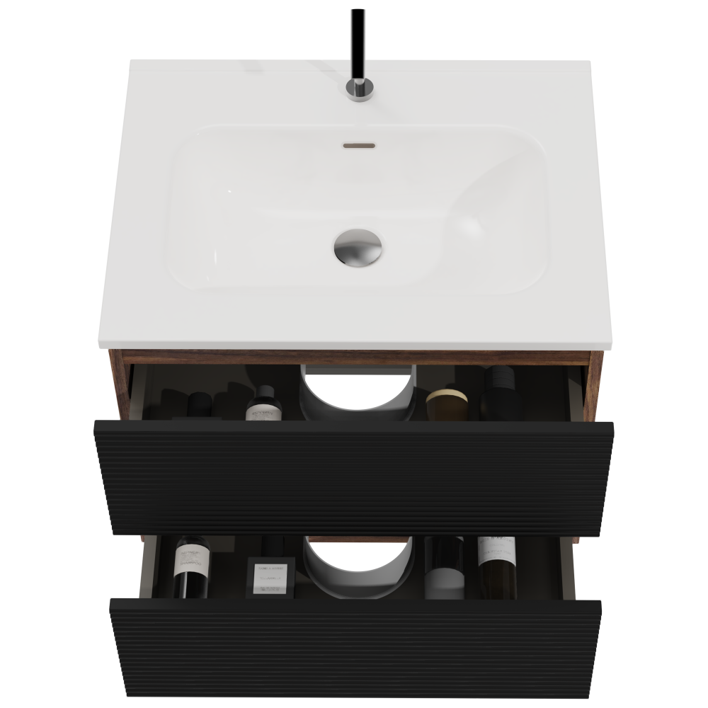 Gloria 24" Wall Mounted Soft Black & Walnut Bathroom Vanity with Integrated Ceramic Sink with Overflow, Large Storage Floating Bathroom Vanity for Modern Bathroom, Pre-assembled