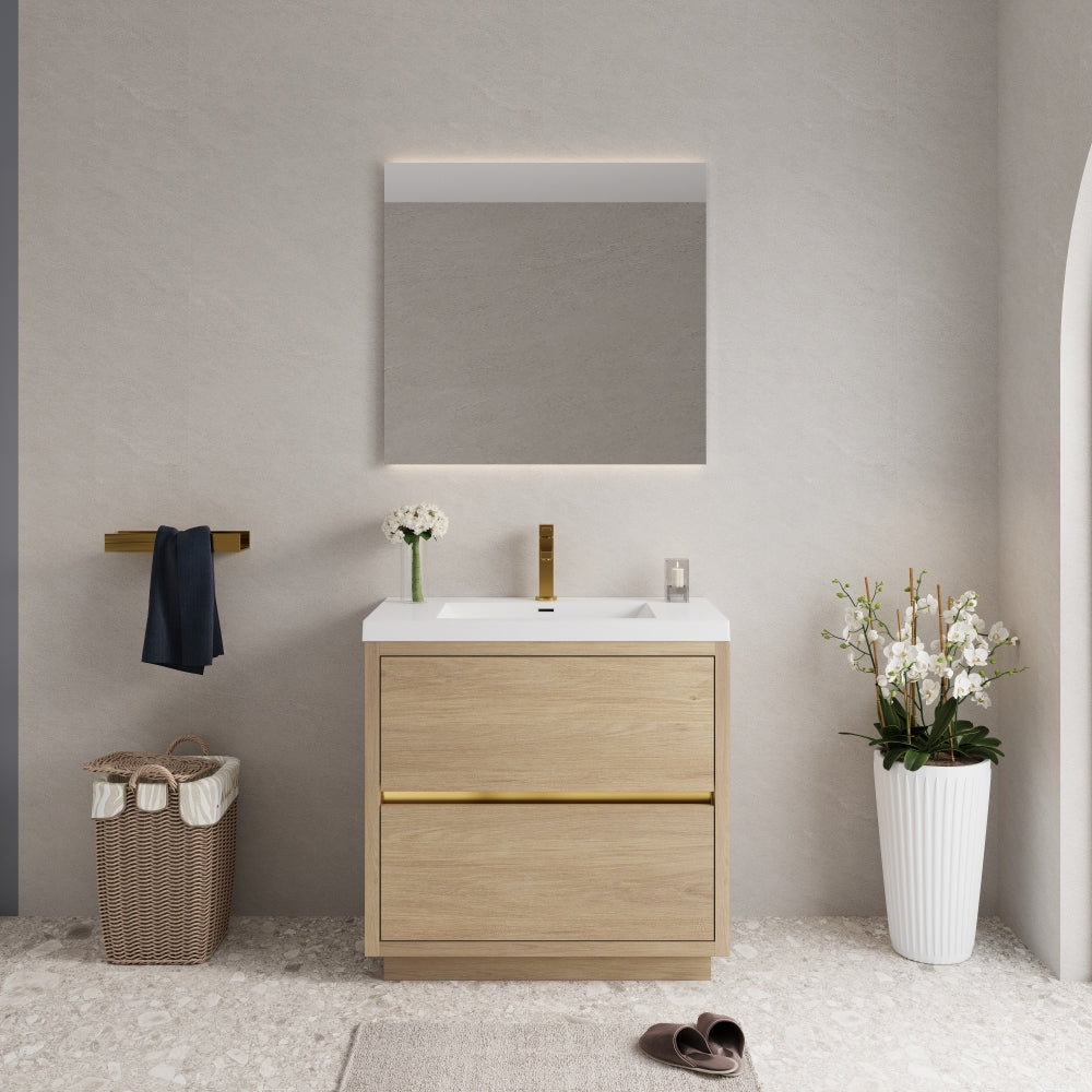 36" Freestanding Bathroom Vanity with Sink, Bathroom Storage Vanity Cabinet with Stone Resin Countertop and Soft Close Drawers, Natural Oak 24V14-36NO