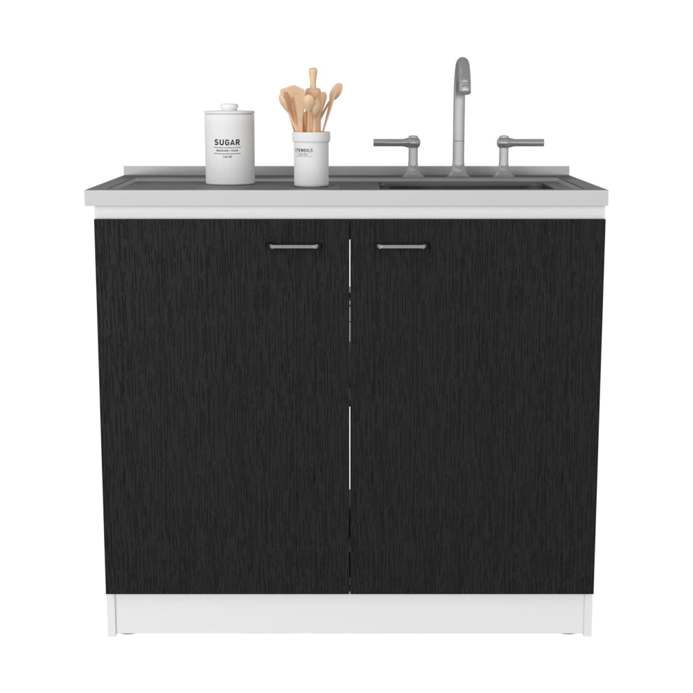 Freestanding Sink, Double Door Cabinet, Two Shelves, White / Black