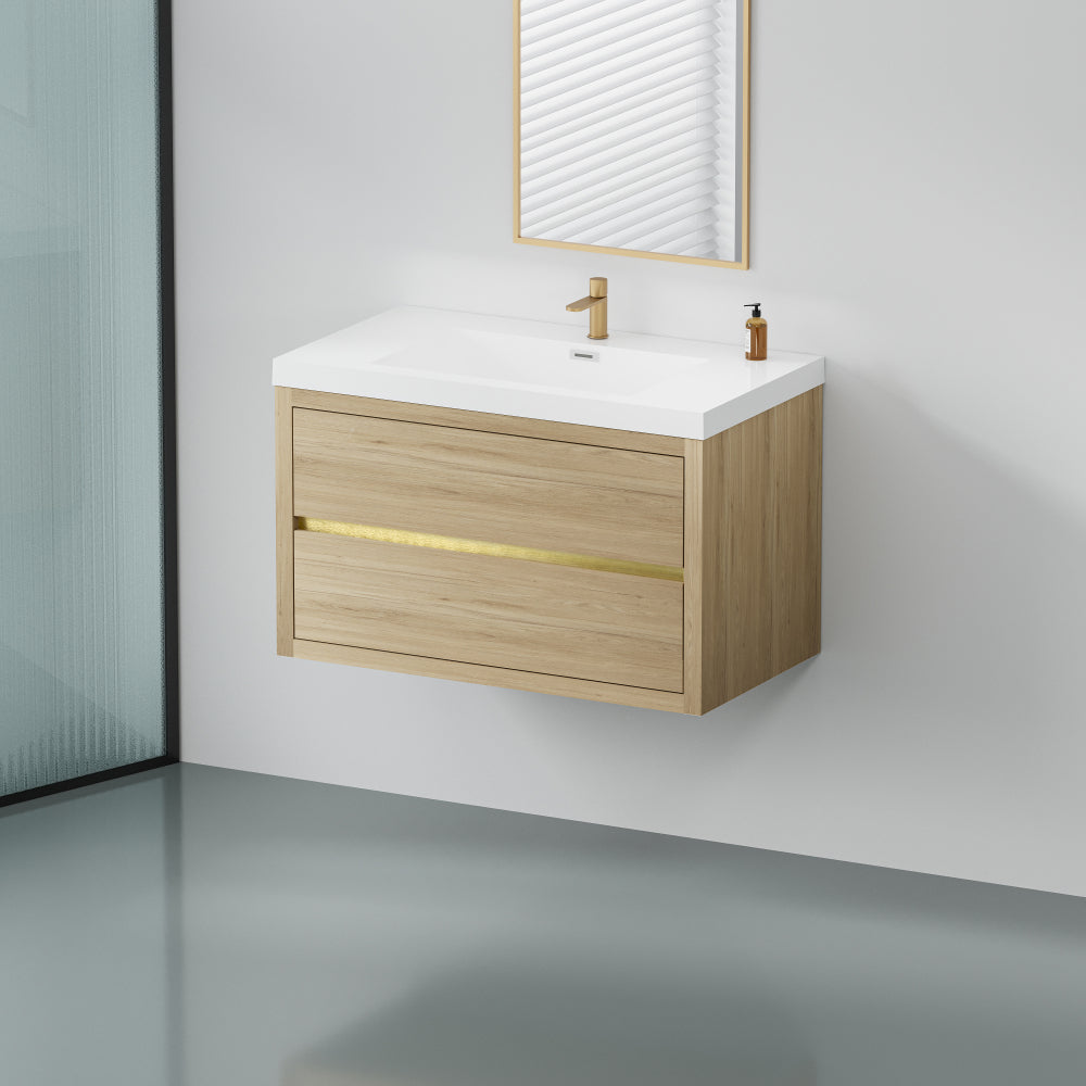 36" Wall-Mounted Bathroom Vanity with Sink, Floating Bathroom Storage Cabinet with Stone Resin Countertop and Soft Close Drawers, Natural Oak 24V15-36NO