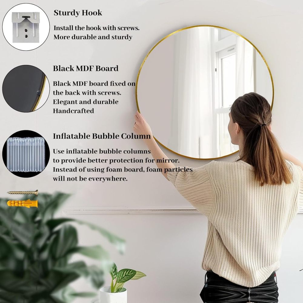Gold 20 Inch Circle Mirror, Wall Mounted Mirror, Bathroom Mirrors for Over Sink, Circle Framed Mirrors for Bathroom, Living Room, Bedroom, Vanity, Entryway, Hallway
