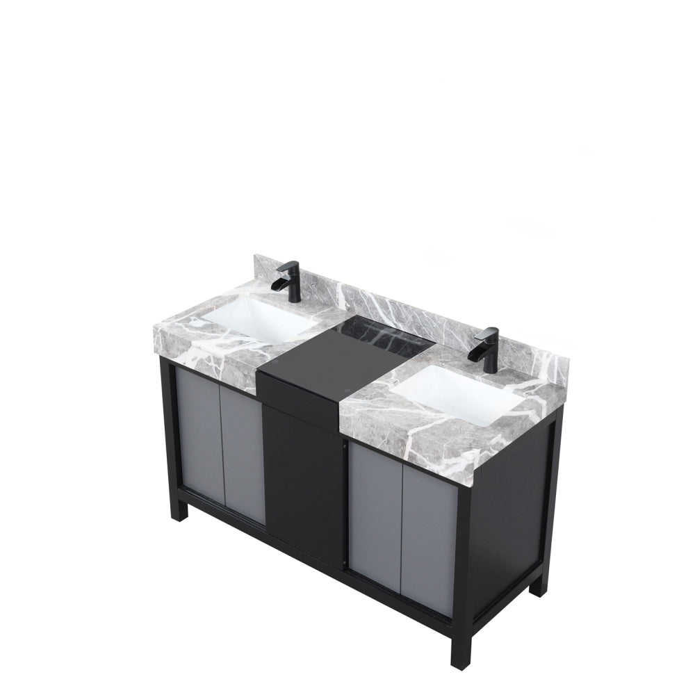 Black and Grey Double Bath Vanity 55 in. W x 22 in. D, Castle Grey Marble Top and Matte Black Faucet Set