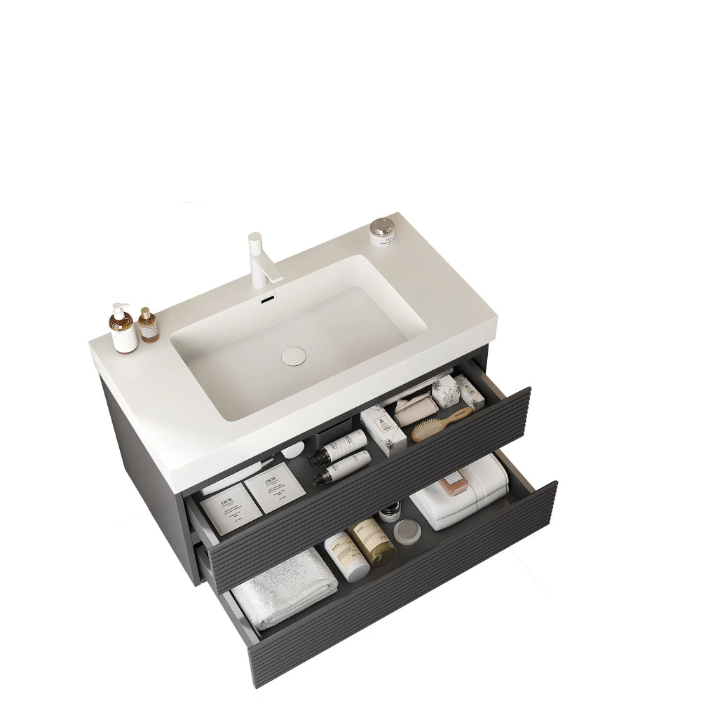 VENO 36" Bathroom Vanity with Undermount Sink, Modern Wall-Mounted Floating Plywood Striped Bathroom Storage Cabinet with 2 Drawers, White Integrated Rectangular Basin without Faucet, Gray Color