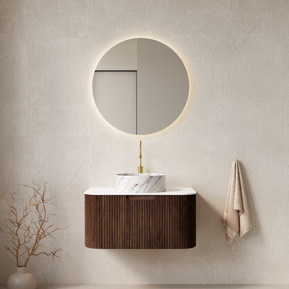 DINA 24" Bathroom Vanity with Sink, Wall-Mounted Floating Curved Edges Striped Bathroom Storage Cabinet with Drawer, White Round Ceramic Basin with Stone Pattern, Pre-assembled, Light Green Color