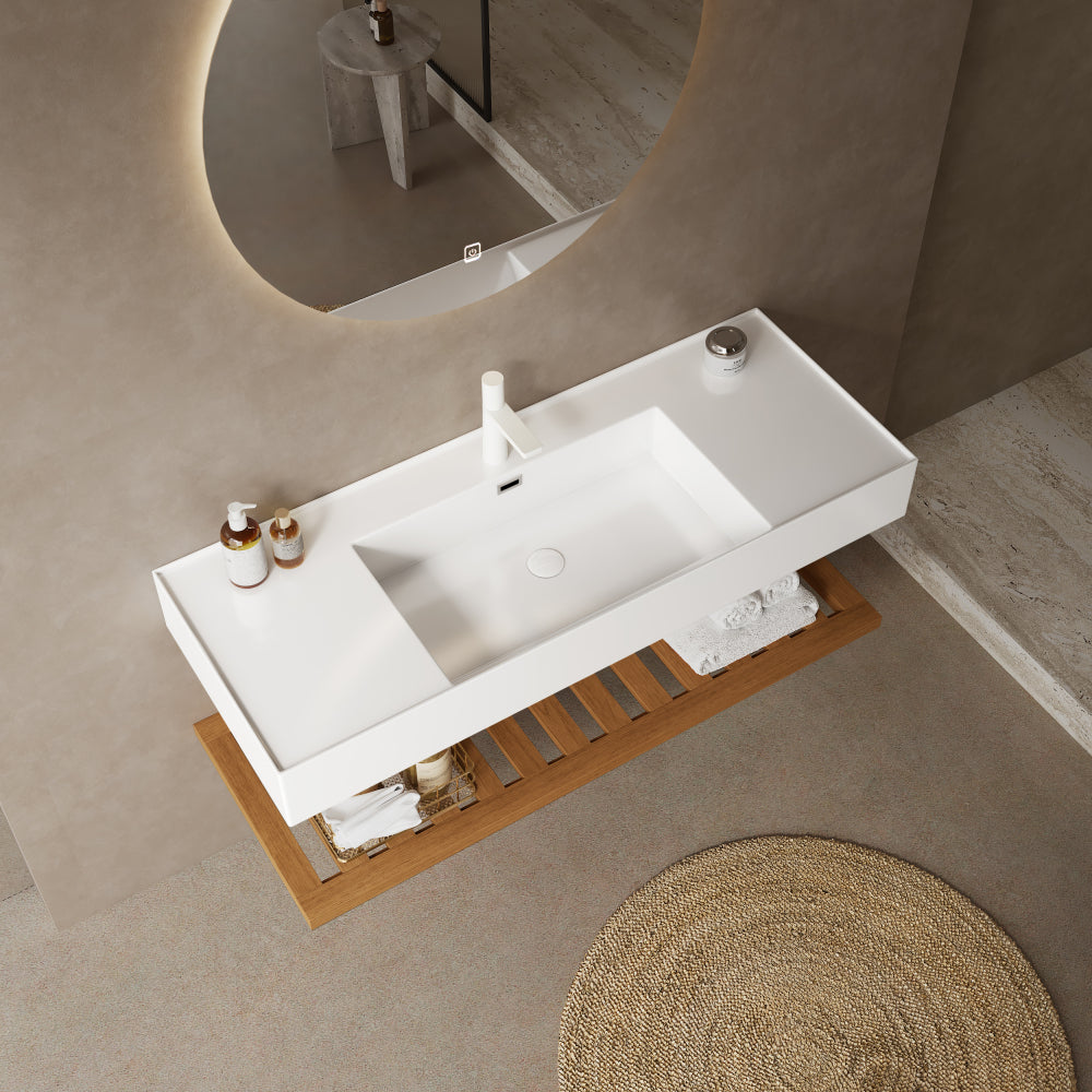 LEDE 48" Bathroom Vanity with Vessel Sink, Wall-Mounted Floating White Rectangular Acrylic Integrated Basin without Faucet, Striped Shelves Layer, Dark Walnut Woodgrain Color