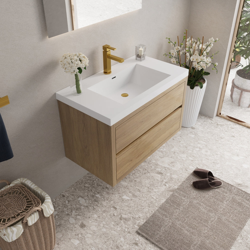 36" Wall-Mounted Bathroom Vanity with Sink, Floating Bathroom Storage Cabinet with Stone Resin Countertop and Soft Close Drawers, Natural Oak 24V15-36NO