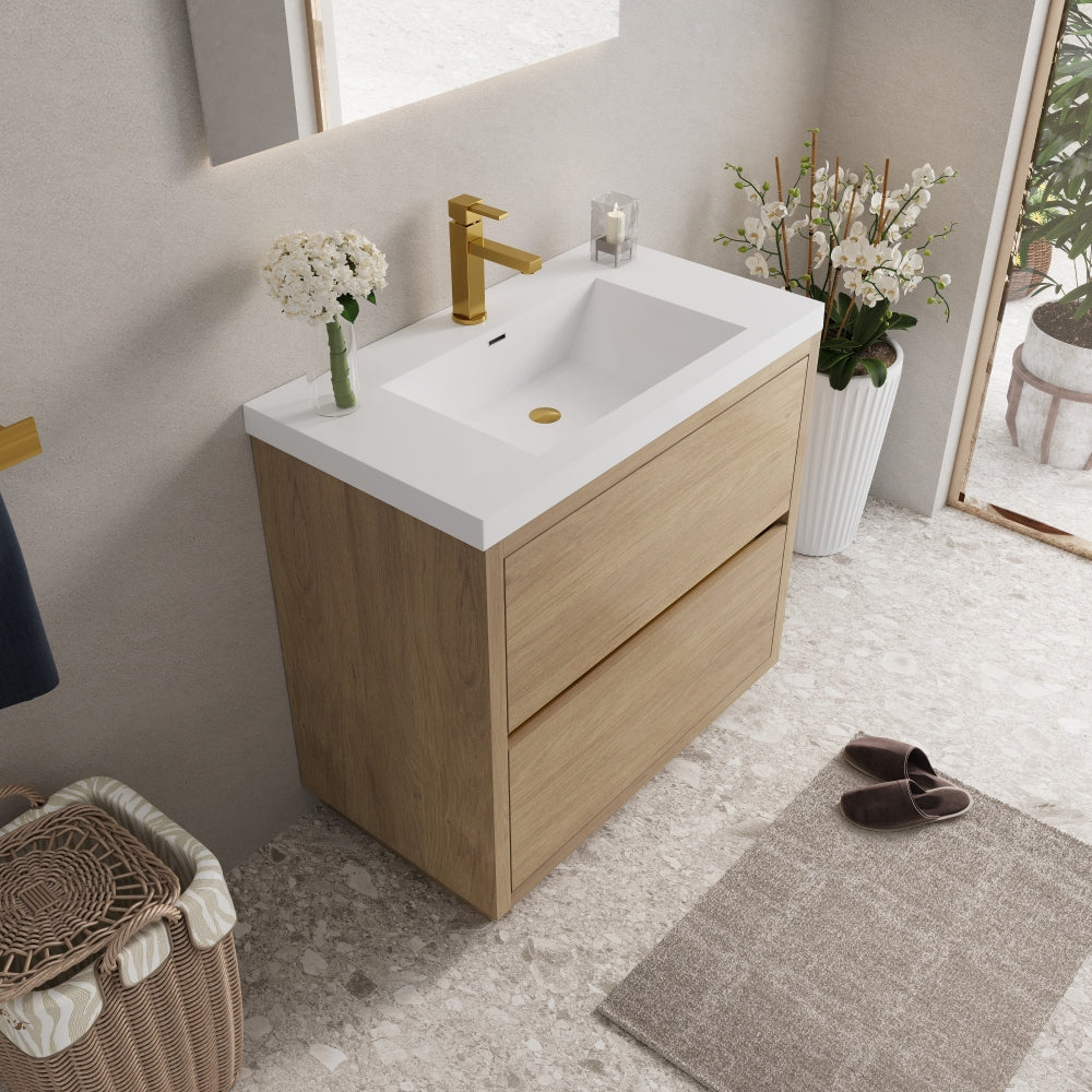 36" Freestanding Bathroom Vanity with Sink, Bathroom Storage Vanity Cabinet with Stone Resin Countertop and Soft Close Drawers, Natural Oak 24V14-36NO