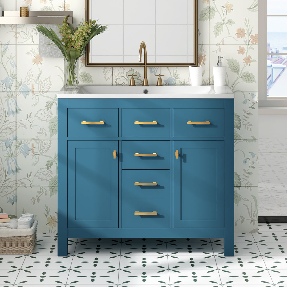 36'' Bathroon Vanity with Resin Sink Combo Set,Modern Freestanding Single Bathroom Cabinet with 4 Drawers & 2 Cabinets,Storage Cabinet for Bathroom, Solid Wood Frame Vanity Set (Same as SW000130AAC)