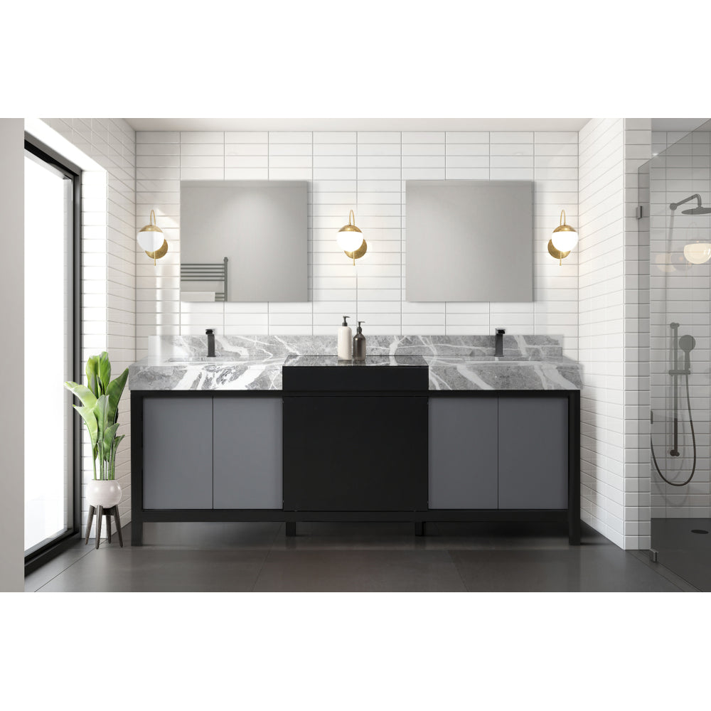 Black and Grey Double Bath Vanity 84 in. W x 22 in. D, Castle Grey Marble Top and Gun Metal Faucet Set